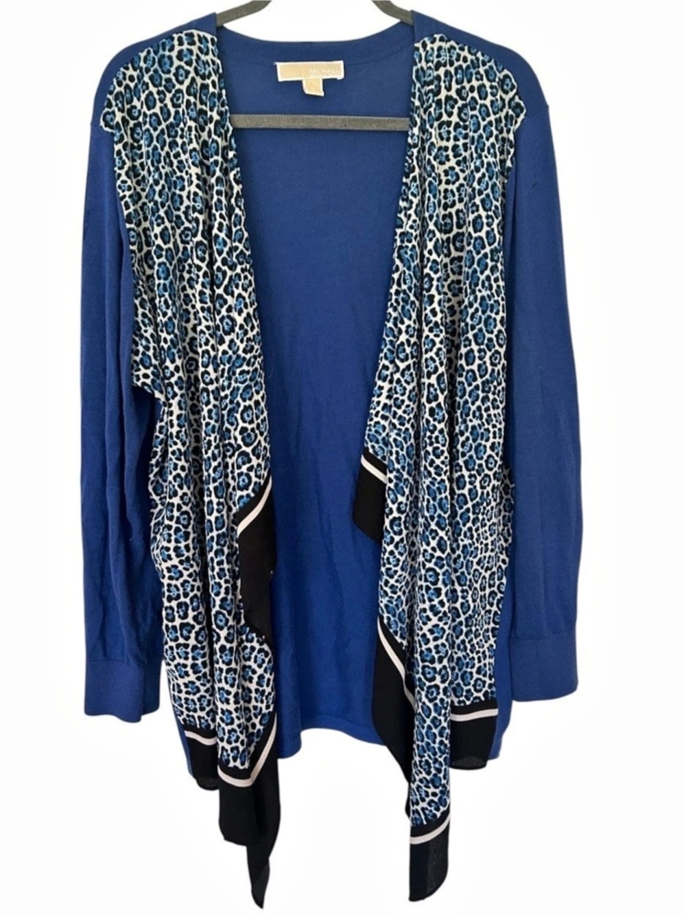 MICHAEL Michael Kors Blue Leopard Print Open Front Draped Cardigan Sweater 1X